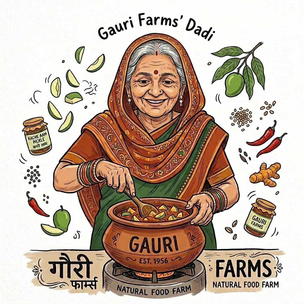 Dadi — the heart of Gauri Farms, lovingly making Kache Aam ka Aachar
